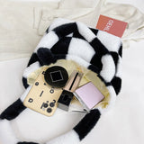 INS Women Checker Print Shoulder Bags Soft Plush Bucket Bags Winter Travel Bag
