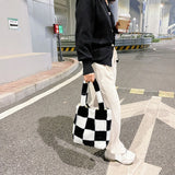 INS Women Checker Print Shoulder Bags Soft Plush Bucket Bags Winter Travel Bag