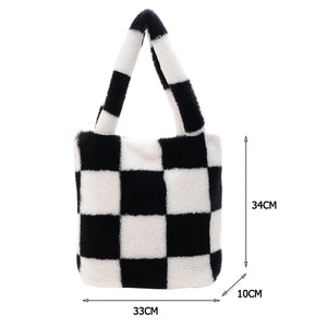 INS Women Checker Print Shoulder Bags Soft Plush Bucket Bags Winter Travel Bag