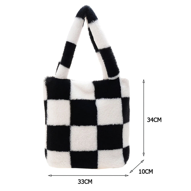 INS Women Checker Print Shoulder Bags Soft Plush Bucket Bags Winter Travel Bag