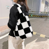 INS Women Checker Print Shoulder Bags Soft Plush Bucket Bags Winter Travel Bag