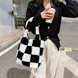 INS Women Checker Print Shoulder Bags Soft Plush Bucket Bags Winter Travel Bag