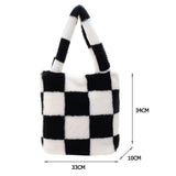 INS Women Checker Print Shoulder Bags Soft Plush Bucket Bags Winter Travel Bag