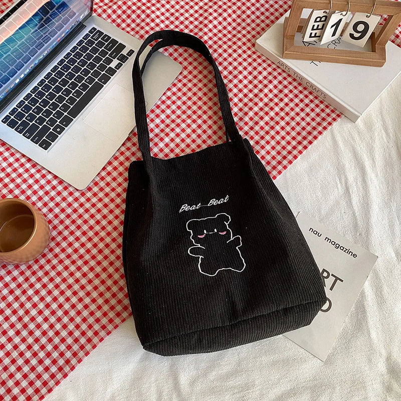 Women Corduroy Shoulder Bag Canvas Bucket Bag Cartoon Bear Print Hand Bag
