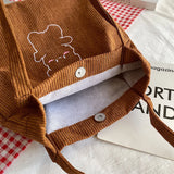 Women Corduroy Shoulder Bag Canvas Bucket Bag Cartoon Bear Print Hand Bag