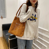 Women Corduroy Shoulder Bag Canvas Bucket Bag Cartoon Bear Print Hand Bag