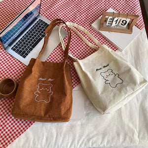 Women Corduroy Shoulder Bag Canvas Bucket Bag Cartoon Bear Print Hand Bag