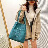Women Corduroy Shoulder Bag Canvas Bucket Bag Cartoon Bear Print Hand Bag