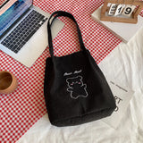 Women Corduroy Shoulder Bag Canvas Bucket Bag Cartoon Bear Print Hand Bag