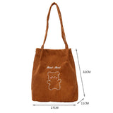 Women Corduroy Shoulder Bag Canvas Bucket Bag Cartoon Bear Print Hand Bag