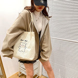 Women Corduroy Shoulder Bag Canvas Bucket Bag Cartoon Bear Print Hand Bag