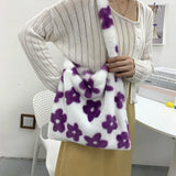 Women Flower Print Shoulder Bags Soft Plush Bucket Bags Crossbody Tote Bags