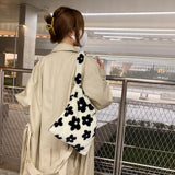 Women Flower Print Shoulder Bags Soft Plush Bucket Bags Crossbody Tote Bags
