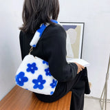 Women Flowers Print Shoulder Bag Soft Plush Underarm Bags