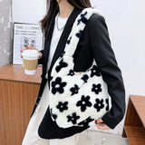 Women Plush Flower Pattern Shoulder Bags Leopard Cow Print Bucket Bags