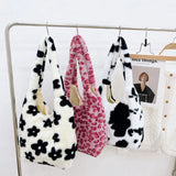 Women Plush Flower Pattern Shoulder Bags Leopard Cow Print Bucket Bags