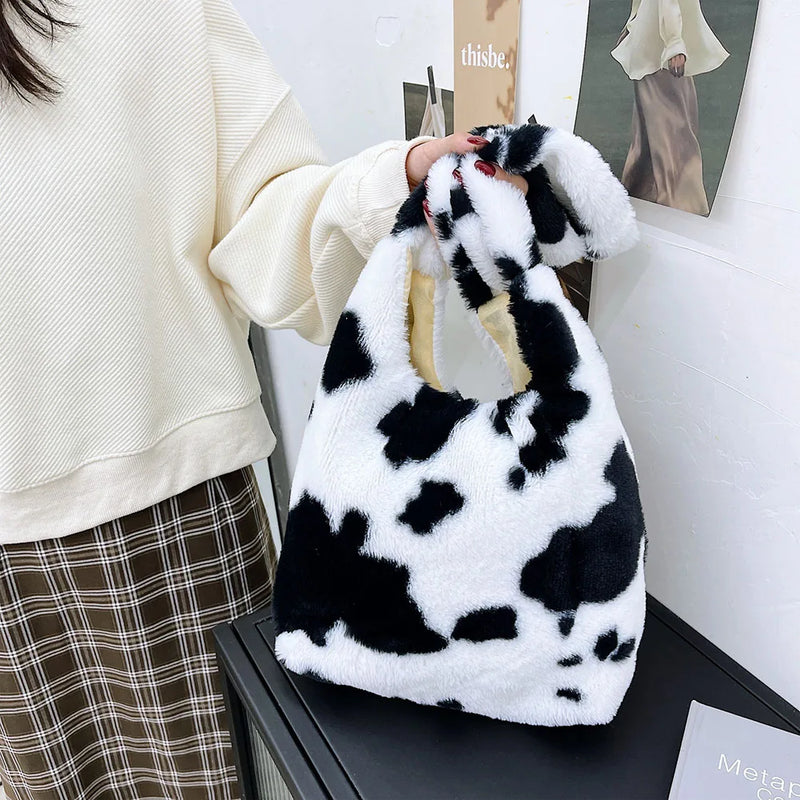 Women Plush Flower Pattern Shoulder Bags Leopard Cow Print Bucket Bags