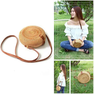 INS Ladies Hand-Woven Bag Round Rattan Retro Literary Bohemia Beach Messenger Ba