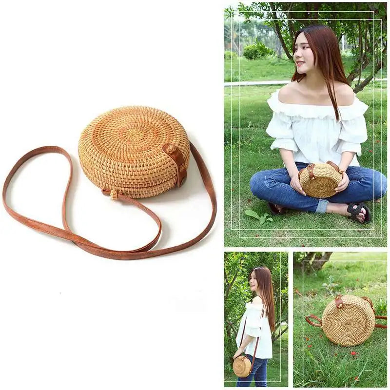 INS Ladies Hand-Woven Bag Round Rattan Retro Literary Bohemia Beach Messenger Ba