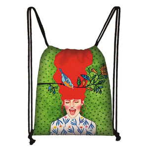 Long Hair Retro Oil Painting Drawstring Bag for Travel
