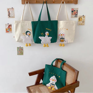 Duck Embroidery Canvas Tote Bag for Women and Girls