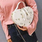 Floral Embroidery Handbag Purse Shoulder Bag Heart Shaped Leather Chain
