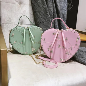 Floral Embroidery Handbag Purse Shoulder Bag Heart Shaped Leather Chain