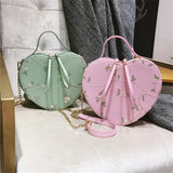 Floral Embroidery Handbag Purse Shoulder Bag Heart Shaped Leather Chain