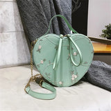 Floral Embroidery Handbag Purse Shoulder Bag Heart Shaped Leather Chain