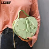 Floral Embroidery Handbag Purse Shoulder Bag Heart Shaped Leather Chain