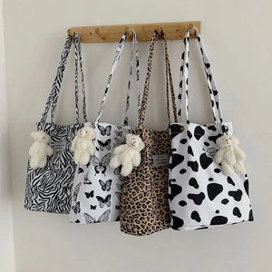 Leopard Print Canvas Shoulder Bag for Girls