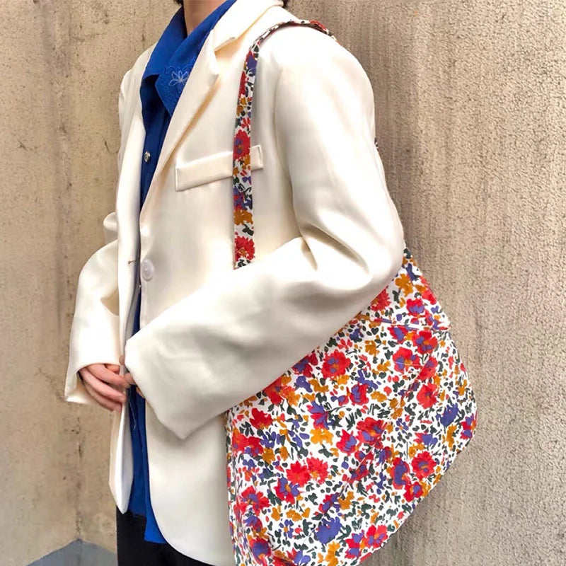 Vintage Floral Cotton Shoulder Bag for Women Large Capacity Handbag