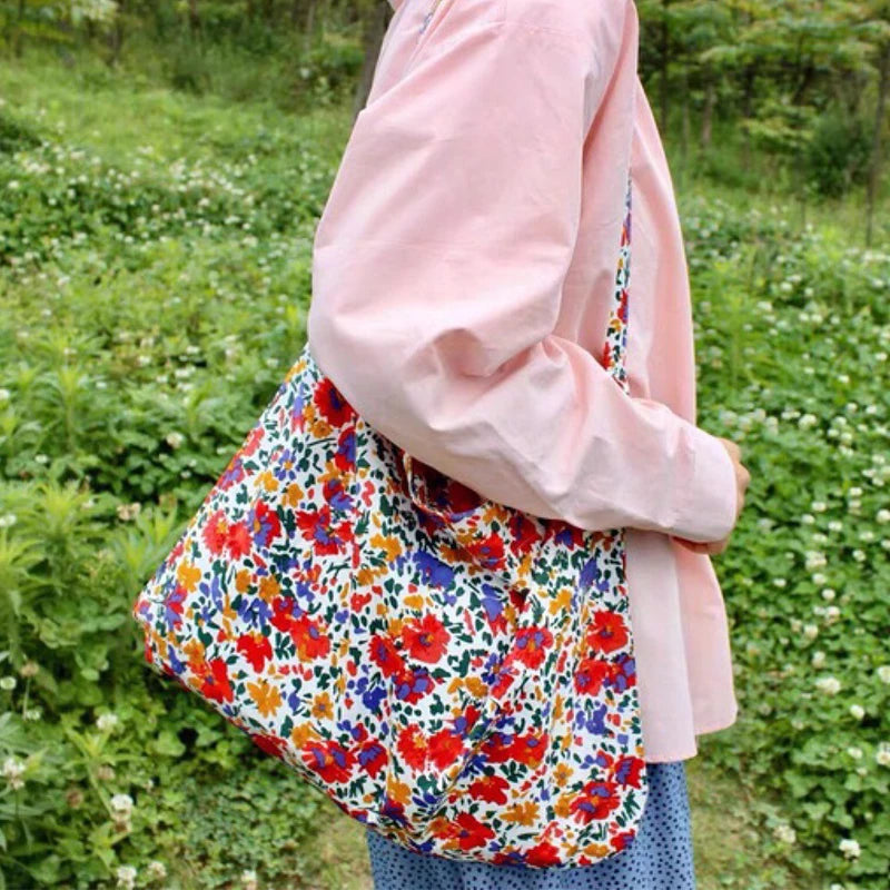 Vintage Floral Cotton Shoulder Bag for Women Large Capacity Handbag