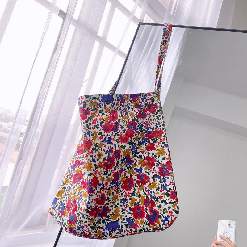 Vintage Floral Cotton Shoulder Bag for Women Large Capacity Handbag