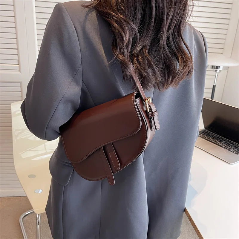 Ins Women's Retro Niche Shoulder Bag Female PU Saddle Bag Handbag