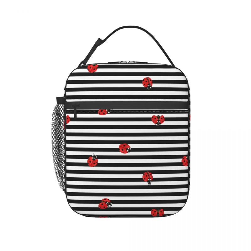 Red Ladybugs On Stripes Lunch Tote Cooler Bag