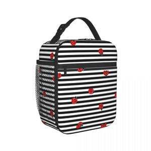 Red Ladybugs On Stripes Lunch Tote Cooler Bag