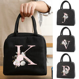 Insulated Lunch Box Pink Flower Letter Print Cold Food Cooler Thermal Bag