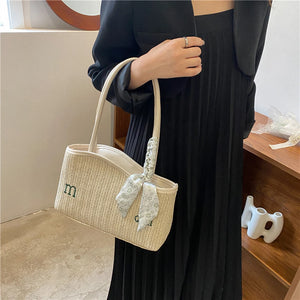 Straw Shoulder Bag with Scarf Beach Summer Handbags