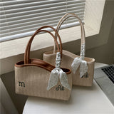Straw Shoulder Bag with Scarf Woven Tote Handbag