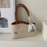 Straw Shoulder Bag with Scarf Woven Tote Handbag