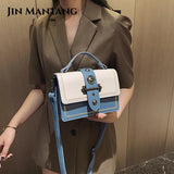 Women Square Tote Bag Contrast PU Leather Handbags