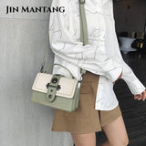 Women Square Tote Bag Contrast PU Leather Handbags
