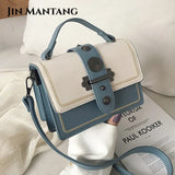 Women Square Tote Bag Contrast PU Leather Handbags