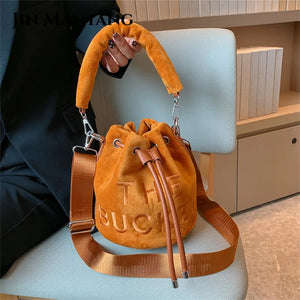 Plush Small Bucket Bag Women Soft Top Handle Tote Crossbody Bag