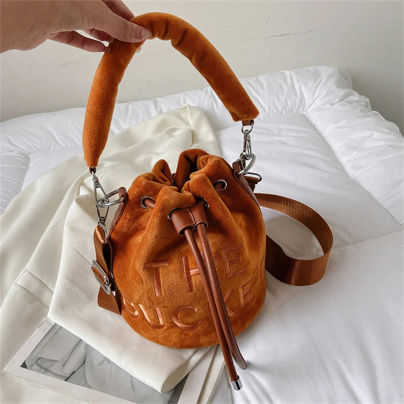 Plush Small Bucket Bag Women Soft Top Handle Tote Crossbody Bag