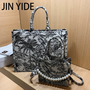 Women Canvas Shoulder Bag Embroidery Tote Crossbody Handbag