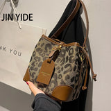 Leopard PU Leather Bucket Bag Crossbody Handbag Women Shoulder Purse
