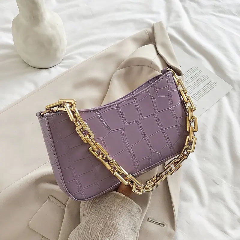 Stone Pattern PU Leather Armpit Bag with Metal Chain Shoulder Handbag