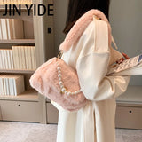 JINYIDE Pearls Chains Fluffy Women Shoulder Bag Soft Plush Lady Handbags